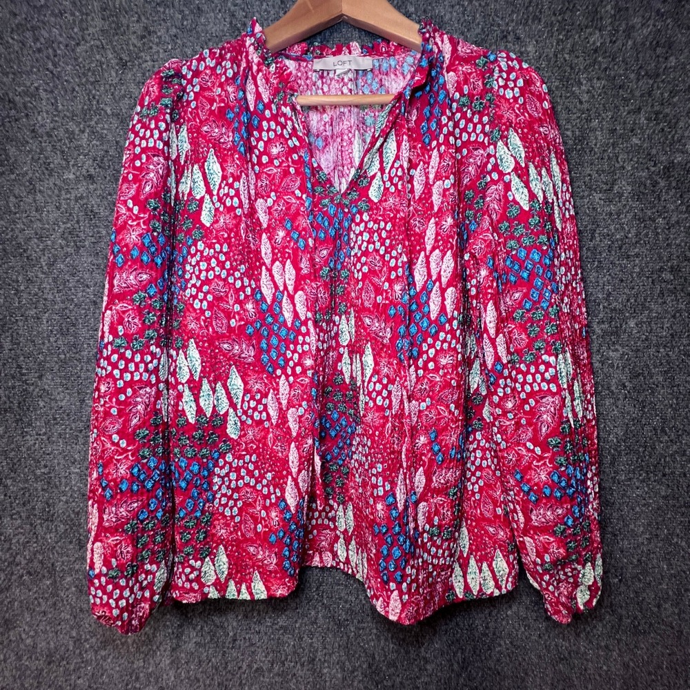 LOFT Red Blue Geometric Print Ruffle Tie Neck Blouse Small 760406
